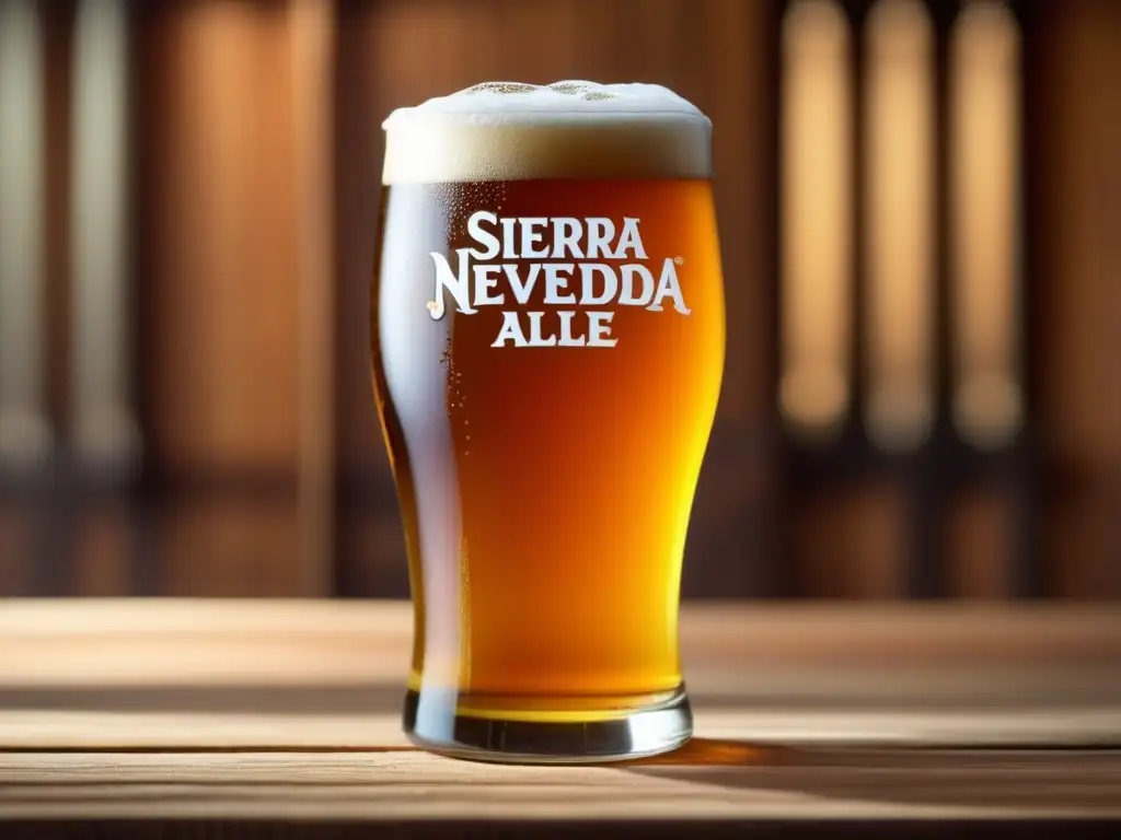 Cerveza Sierra Nevada Pale Ale en vaso frío Pinta de Sierra Nevada Pale Ale dorada y burbujeante en mesa de madera