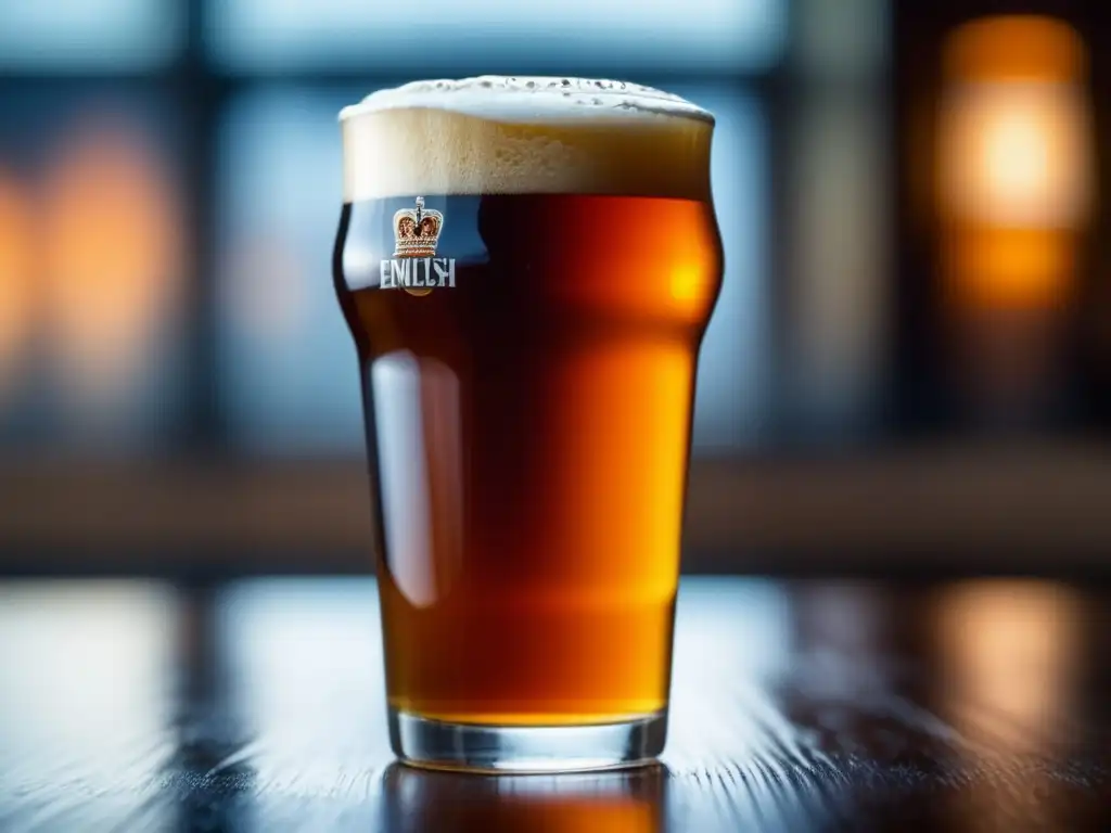 Cerveza inglesa ámbar en vaso pint Cerveza Inglesa Bitter, color ámbar, textura y espuma detalladas
