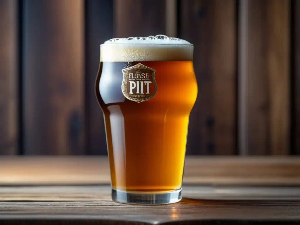 Cerveza inglesa dorada en vaso de cristal Cerveza artesanal Inglaterra: Imagen 8k de una pinta de cerveza dorada y espumosa sobre mesa de madera