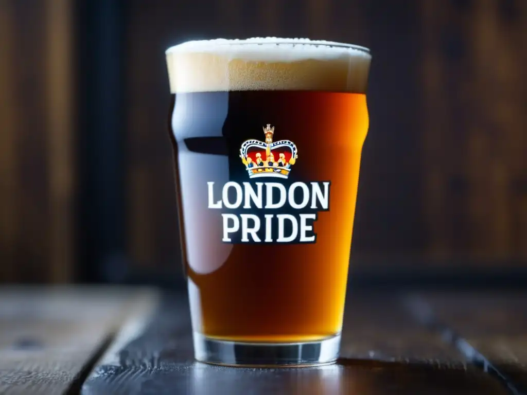 Cerveza London Pride: Color ámbar con espuma cremosa Pinta de cerveza London Pride English Bitter, color ámbar con espuma cremosa y burbujas carbonatadas en un vaso de vidrio sobre fondo de madera oscura