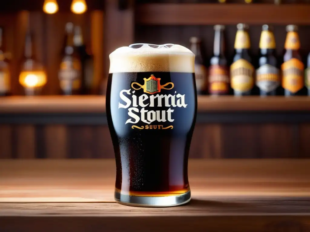 Cerveza Sierra Nevada Stout en vaso lleno Imagen detallada de una copa de cerveza Stout de Sierra Nevada, con espuma cremosa y burbujas, en mesa de madera