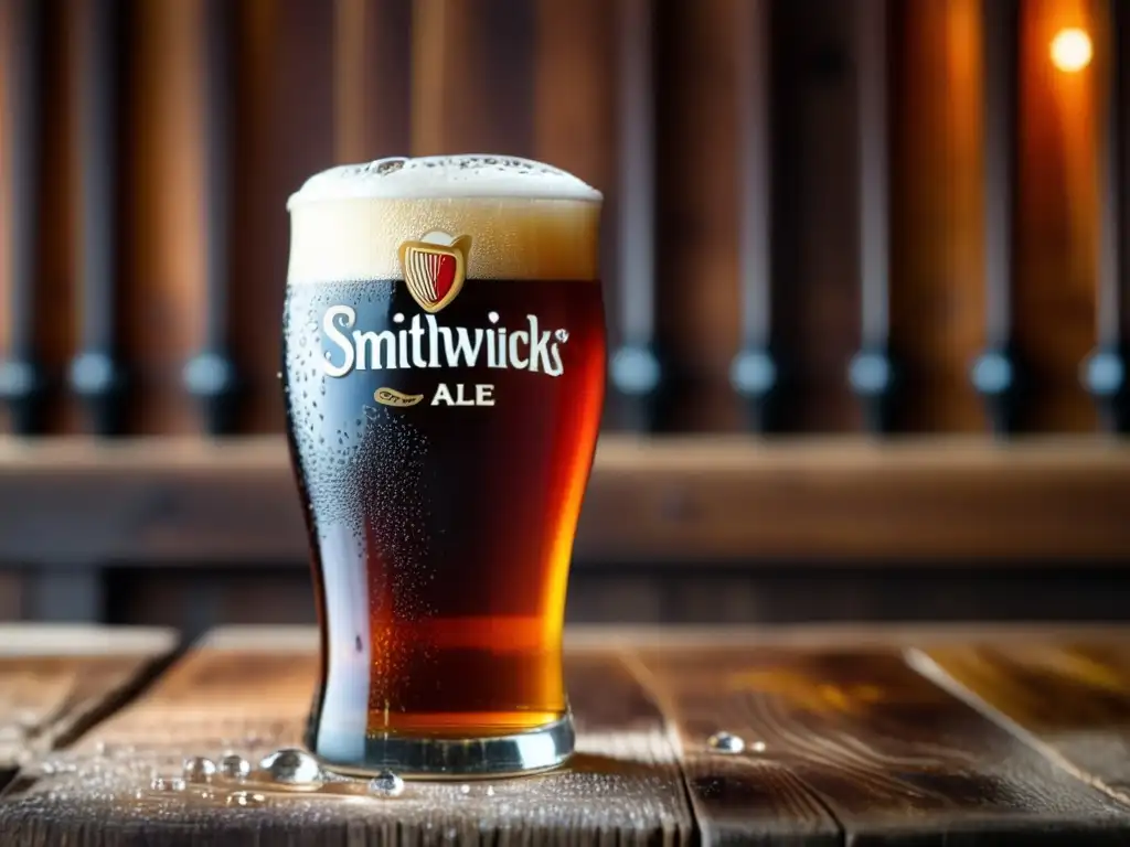 Pintura de cerveza Smithwick's Irish Ale, con espuma cremosa y burbujas de carbonatación