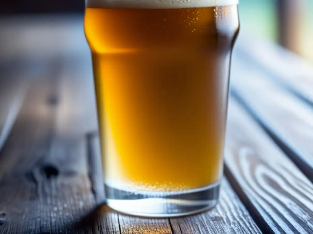 Cerveza dorada en vaso de pint en mesa rústica Una cerveza dorada y espumosa en un vaso de pint, sobre una mesa de madera rústica