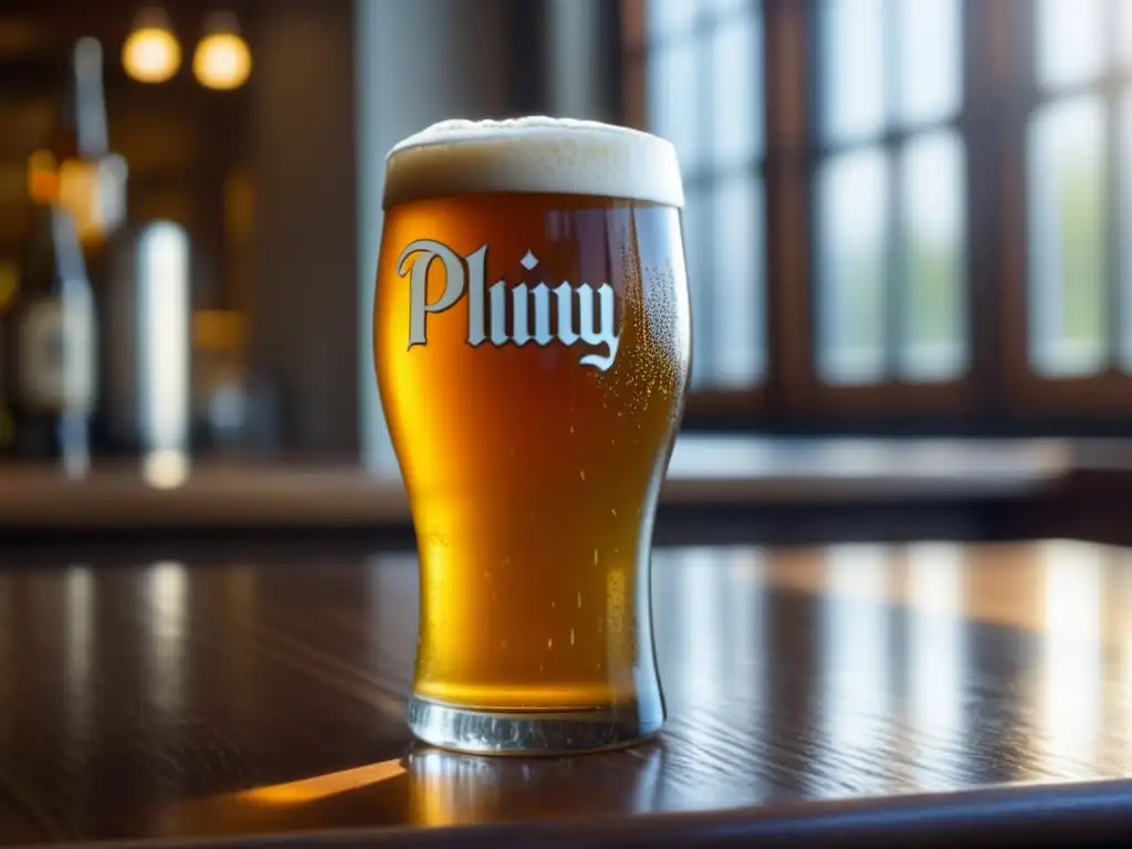 Cerveza Pliny the Elder en vaso de pintura Pintura dorada y espumosa de Pliny the Elder en un vaso, sobre mesa de madera con detalles y luz natural filtrada