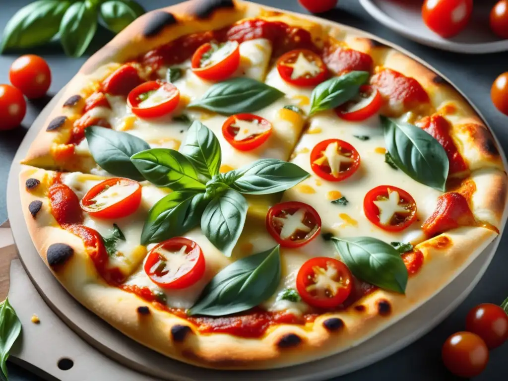 Deliciosa pizza dorada con mozzarella, tomates y pepperoni Deliciosa pizza con crocante masa, ale dorada, queso derretido, tomates rojos, albahaca y pepperoni