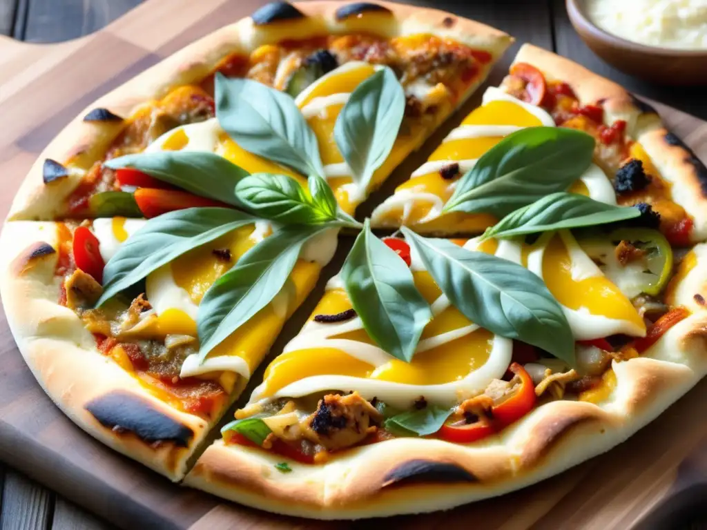 Deliciosa pizza dorada de ale y pollo a la parrilla Pizza de ale dorada con pollo a la parrilla, cebolla caramelizada y pimientos