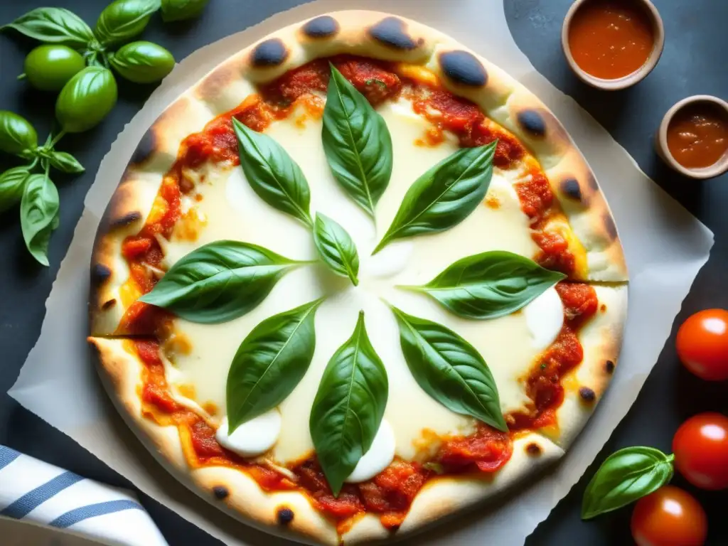 Deliciosa pizza margarita con Ale Dorada Pizza margarita con Ale Dorada: imagen detallada y apetitosa de una pizza perfectamente cocida, con una corteza delgada y crujiente, dorada y ligeramente quemada en los bordes