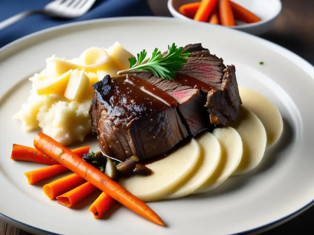 Delicioso plato de carne de res guisada con puré de papas cremoso Plato de carne braseada y puré de papas, acompañado de verduras asadas y Doppelbock