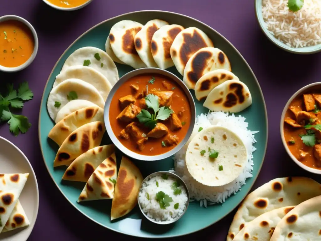 Plato de vibrantes platos indios Plato abundante de cocina india: pollo mantequilla, arroz basmati, naan ajo, curry garbanzos, paneer tikka, chutney mango