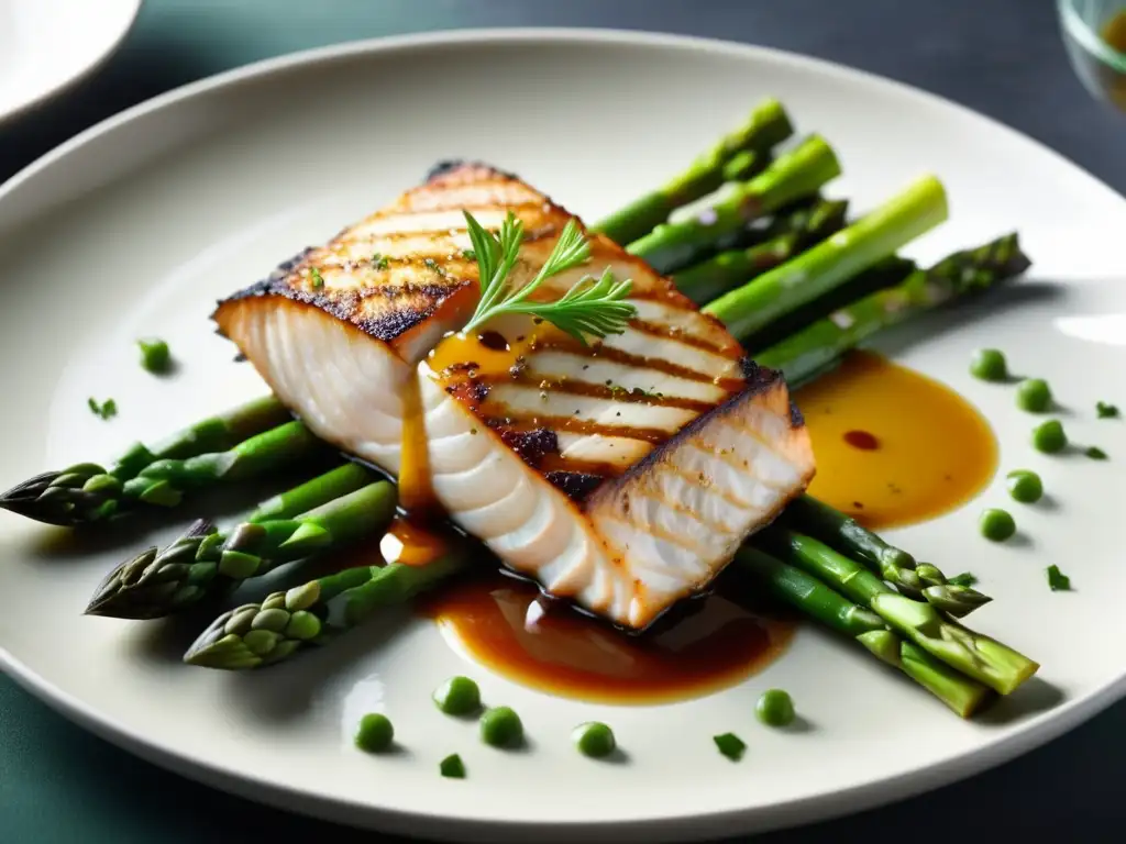 Delicioso filete de pescado con asparagus y salsa de bitters ingleses Delicioso plato de pescado crujiente con espárragos y salsa de Bitters Ingleses