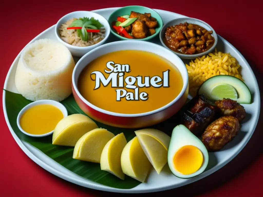 Platter de comida filipina: Lechon, adobo, sisig, pata crujiente Deliciosa comida filipina resaltada con San Miguel Pale Pilsen