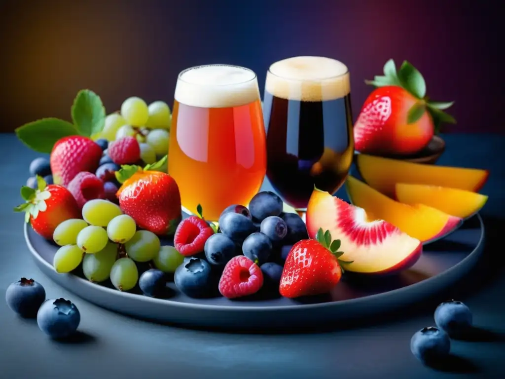 Delicioso plato de frutas frescas y cerveza Lambic Plato de frutas frescas y cerveza Lambic en alta resolución