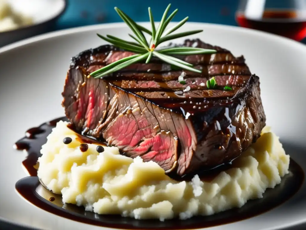 Deliciosa carne a la parrilla con acompañamientos Deliciosa escena gastronómica con carne jugosa, puré de papas cremoso, vegetales asados y cerveza