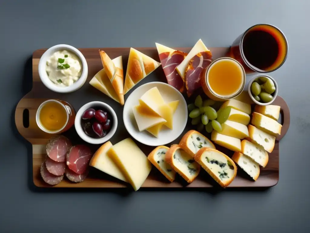 Deliciosa selección de aperitivos gourmet y cervezas artesanales Plato gourmet con quesos, embutidos, frutas y cervezas artesanales sin alcohol - Tendencias de consumo