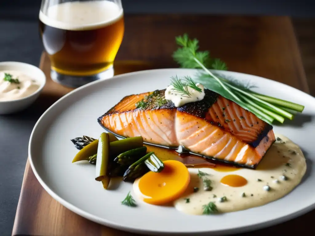 Delicioso plato de salmón y cerveza artesanal Plato gourmet de salmón con cerveza artesanal - libro cerveza y gastronomía