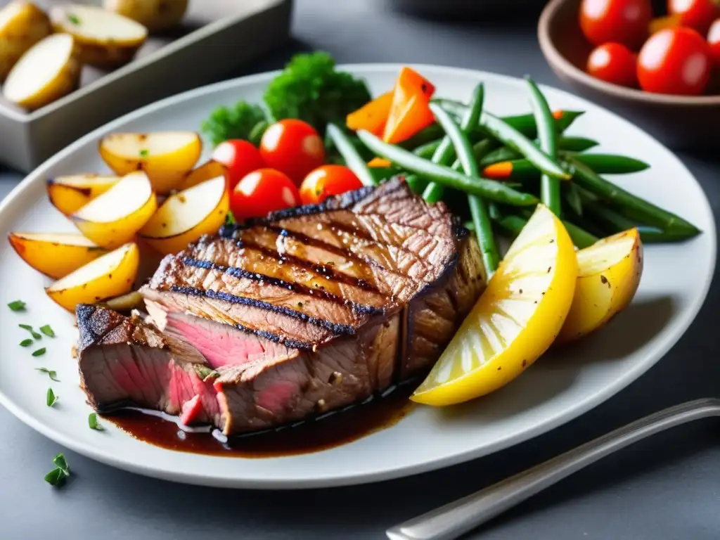 Delicioso plato de carne asada con acompañamiento de patatas y verduras Delicioso plato de carne a la parrilla con acompañamientos de patatas asadas y verduras coloridas