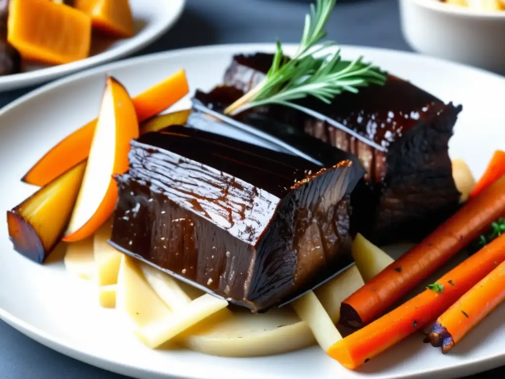 Deliciosos short ribs de Doppelbock con glaseado oscuro Un plato abundante de costillas cortas estofadas en Doppelbock con un glaseado oscuro