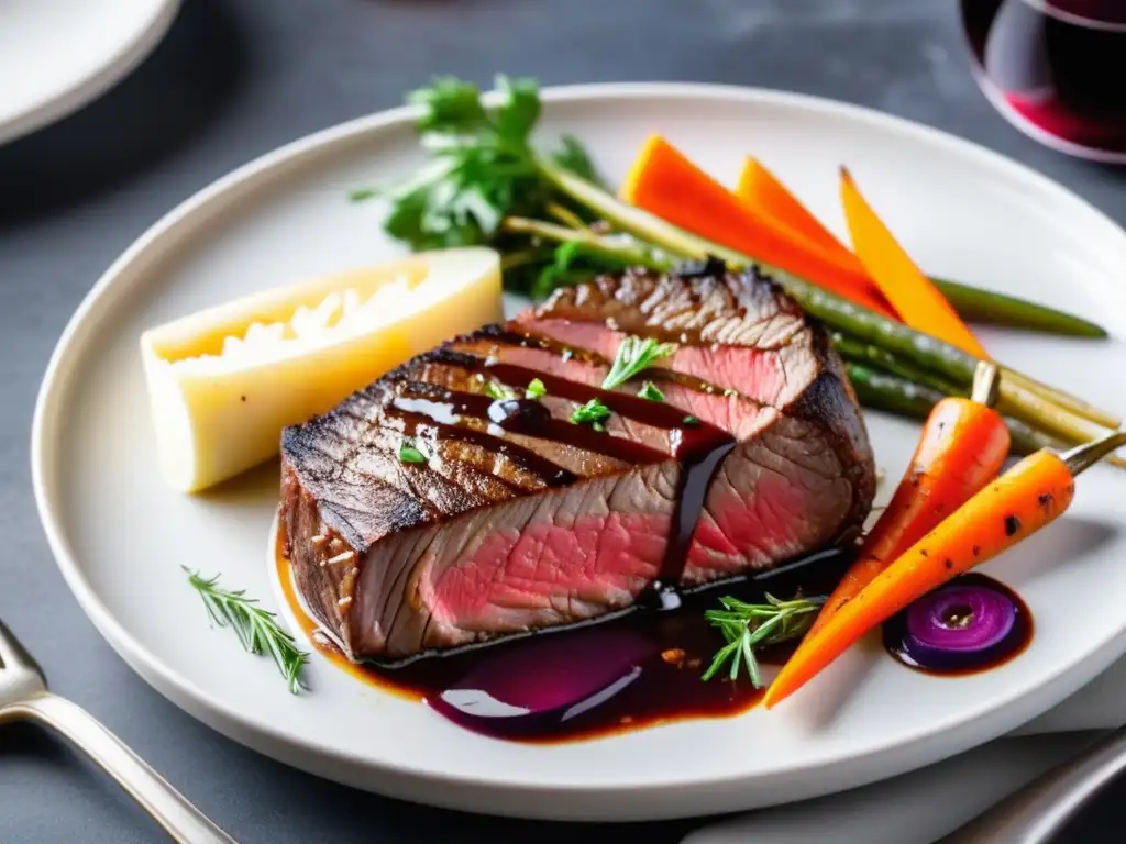 Plato principal con filete de ternera y vegetales asados Plato principal de Saison Dupont con tierno steak, vegetales asados y reducción de vino tinto