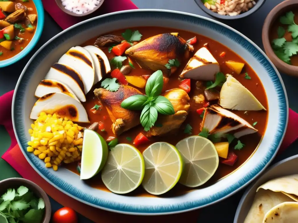 Deliciosa variedad de platos tradicionales bolivianos Plato tradicional boliviano con sajta de pollo, llajwa, anticuchos, salteñas, humintas y garnituras - Paceña