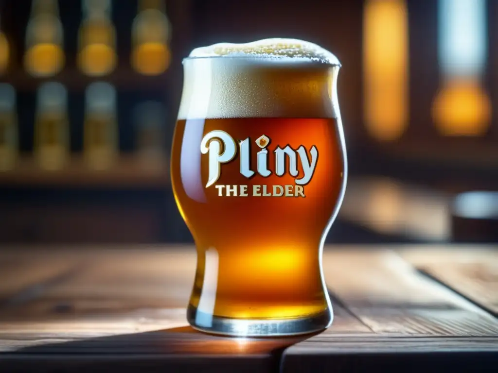 Cerveza Pliny the Elder en vidrio Cerveza Pliny the Elder Double IPA en vaso, detalle ultradetallado y colores vibrantes
