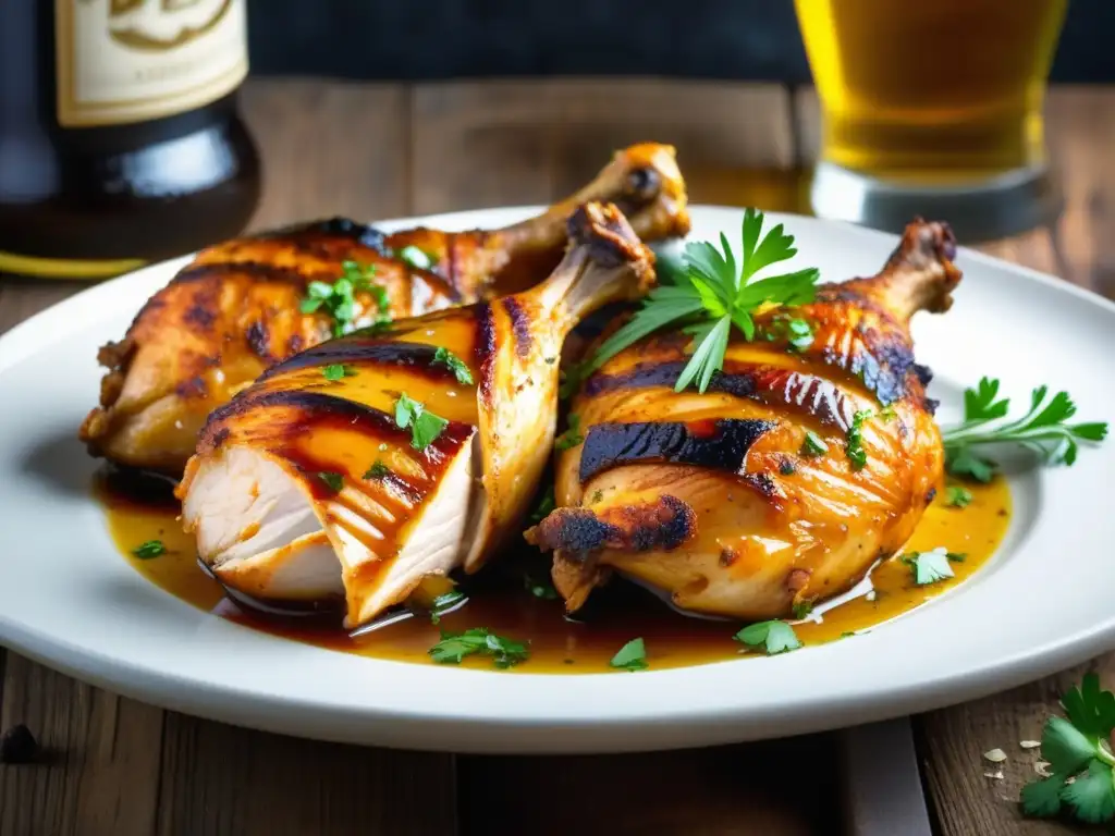 Deliciosos Muslos de Pollo al Estilo Belga con Cerveza Muslos de Pollo al Estilo Belga con Cerveza - Deliciosa presentación en mesa rústica, pollo dorado y jugoso, cocinado a la perfección