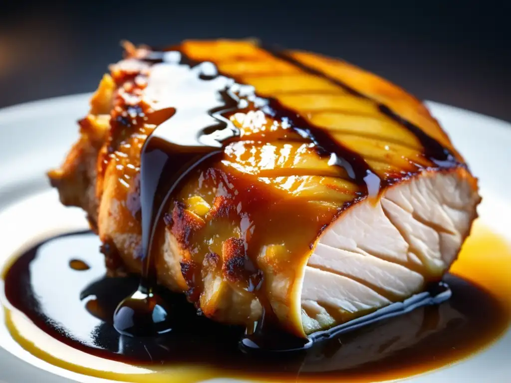 Deliciosa y jugosa muslo de pollo caramelizado Deliciosa y jugosa muslo de pollo, glaseado con reducción dorada de cerveza belga Ale