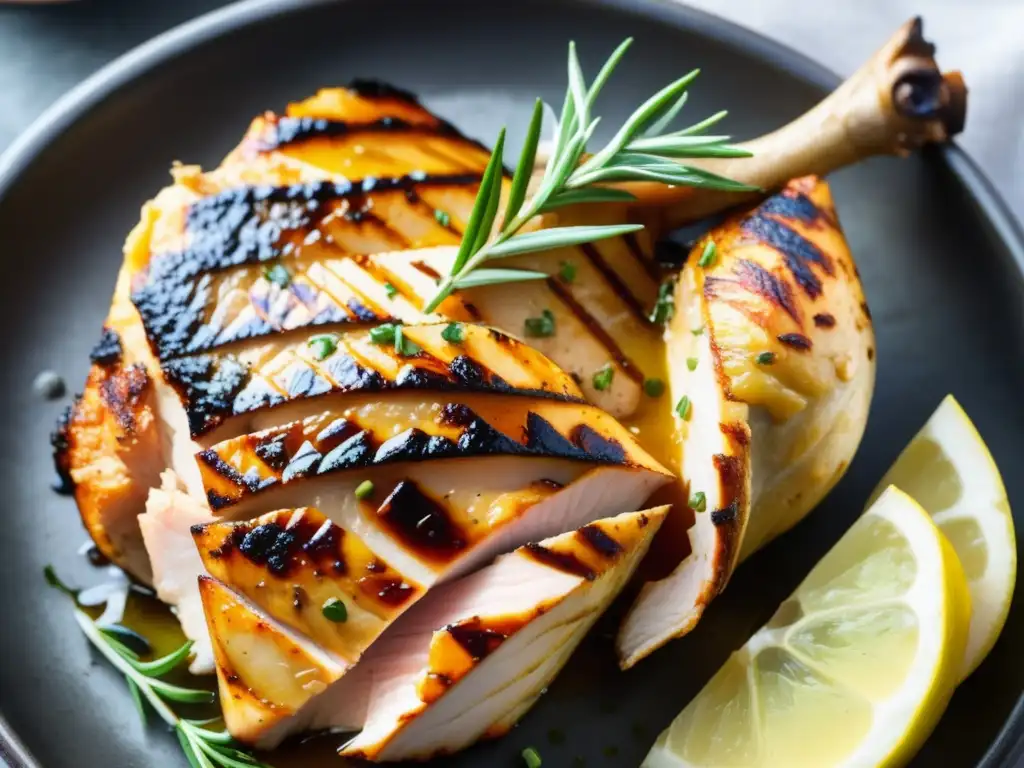 Pollo marinado en cerveza Saison Deliciosa pieza de pollo marinado en cerveza Saison, dorado y jugoso, con limón y romero