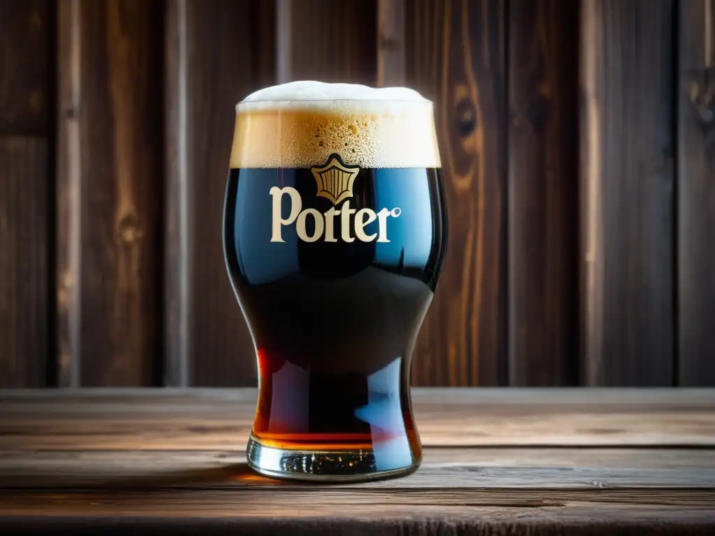 Cerveza Porter inglesa en vaso de vidrio Detallada imagen de cerveza Porter inglesa, con espuma cremosa y burbujas