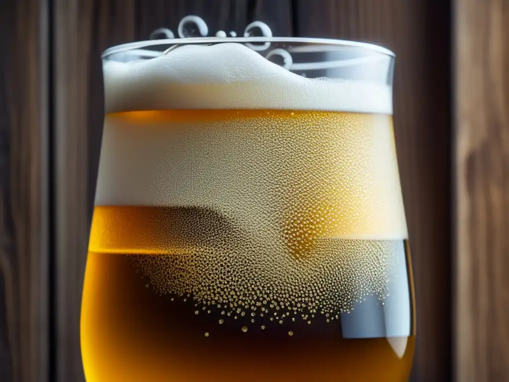 Carbonación de cerveza en detalle Métodos de Carbonatación en una imagen detallada del proceso de carbonatación en una cerveza dorada con burbujas efervescentes