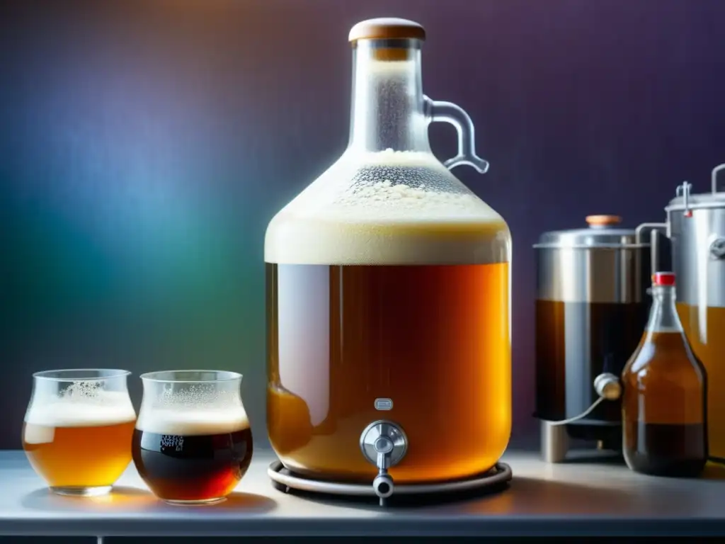 Fermentación en equipo de cervecería El Alma de la Cerveza: Fermentación, carboy, burbujas, equipo de cervecería, colores vibrantes, detalle macro, complejidad