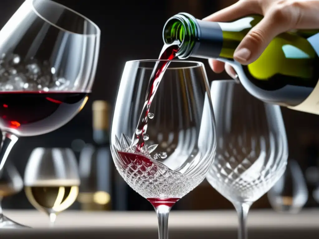Consejos de limpieza: Imagen detallada de limpiar copas y decantadores, resaltando las manos de un sommelier sosteniendo una copa de cristal