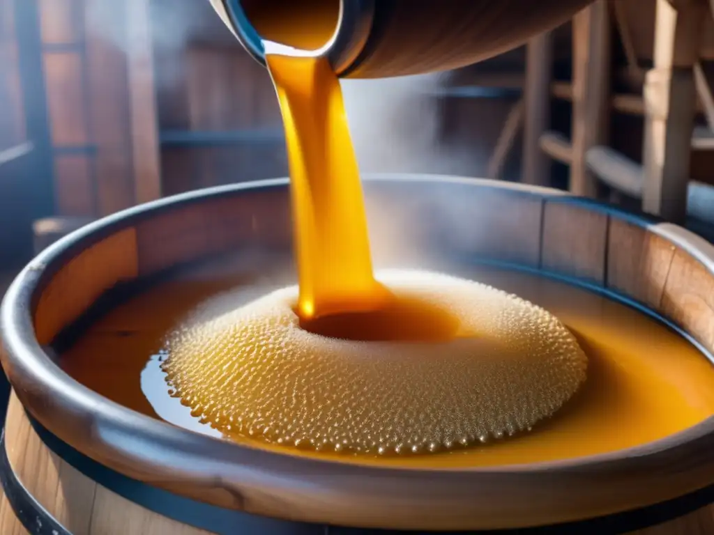 Brewing traditional African beer Proceso documental cerveza africana: vat lleno de líquido dorado burbujeante hecho de miel, espuma y burbujas resaltan el proceso en Sudáfrica