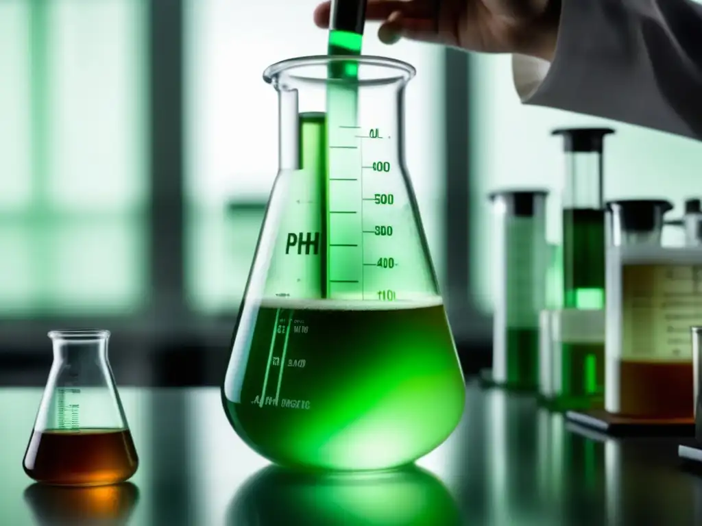 Prueba de pH en beaker de vidrio Mano sosteniendo probeta con líquido, control pH