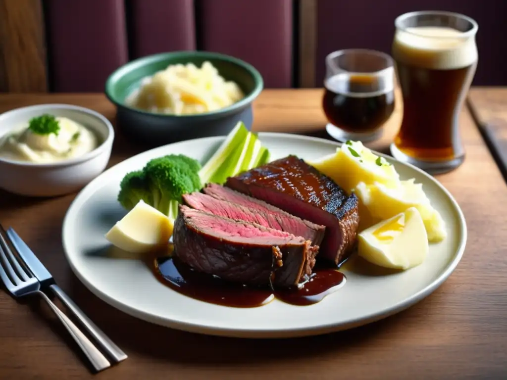 Imagen de pub irlandés con plato tradicional de corned beef, mash, col y Guinness (110 caracteres)
