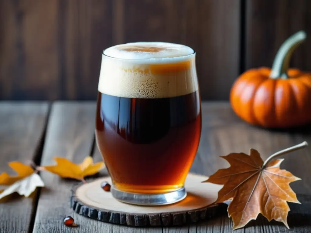 Cerveza de calabaza en mesa rústica Cerveza de calabaza en vaso de vidrio, decorado con hojas y calabazas