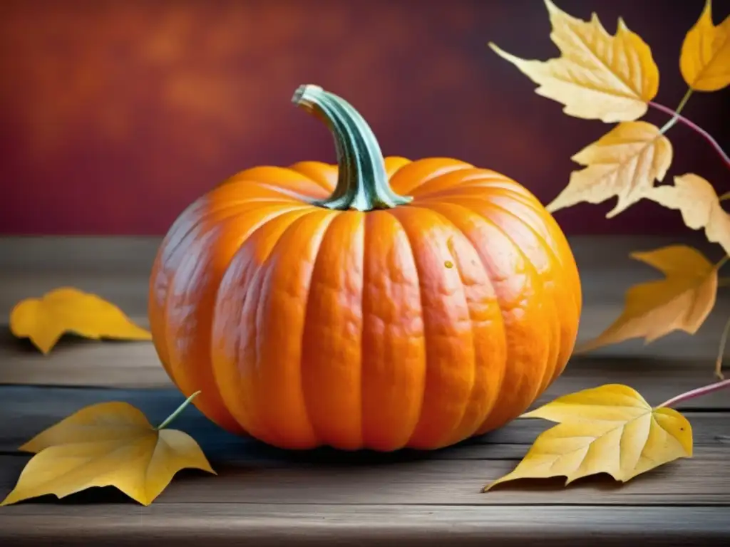 Pumpkin Ale: Imagen detallada de calabaza anaranjada brillante en mesa de madera rústica, rodeada de hojas otoñales en rojo, naranja y amarillo
