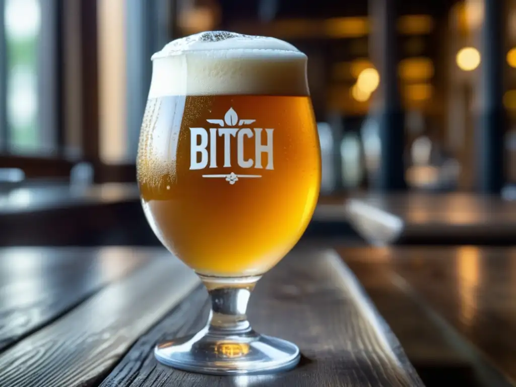 Cerveza belga Raging Bitch: refrescante y dorada Cerveza Belgian IPA dorada con condensación en vaso de vidrio