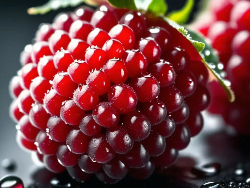 Frambuesa madura y brillante con detalles en alta definición Delicioso detalle de frambuesa roja madura, fresca y brillante con gotas de agua