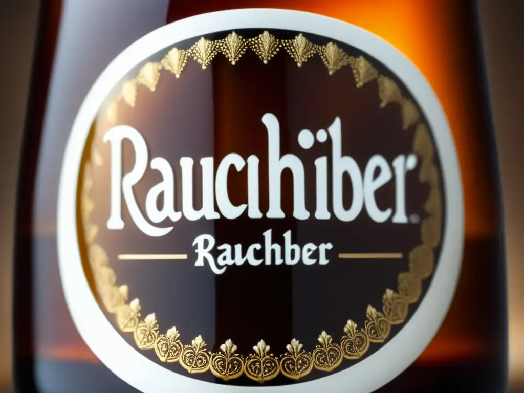 Vaso de Rauchbier ámbar con espuma blanca, sostenido delicadamente por una mano, detalles realistas, burbujas y etiqueta visible