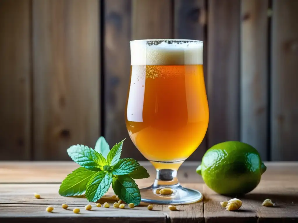 Cerveza dorada con lima y menta en mesa rústica Cerveza Sour Ale dorada con burbujas y adornos de lima y menta en una mesa rústica rodeada de lúpulos y granos de cebada