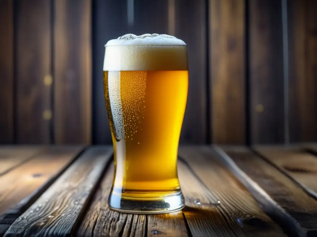 Cerveza dorada en vaso en mesa de madera rústica - Entre Historia y Modernidad