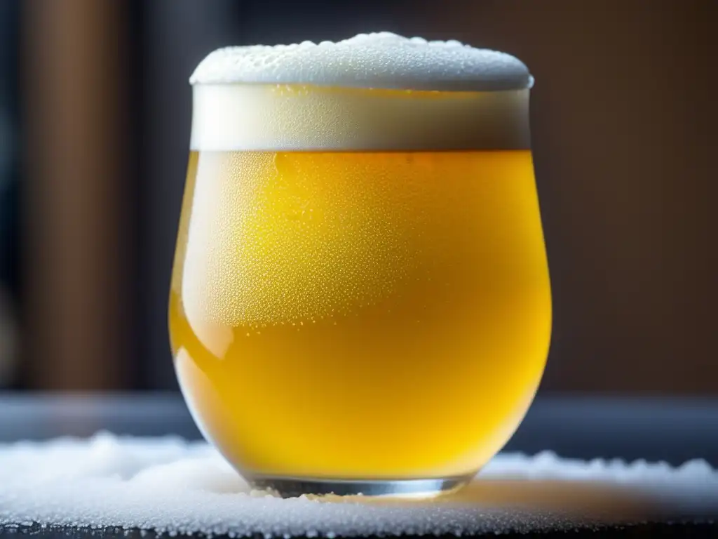 Cerveza Gose dorada con espuma blanca y limón Cervezas ácidas: imagen detallada de una cerveza Gose dorada con espuma blanca, burbujas y una rodaja de limón
