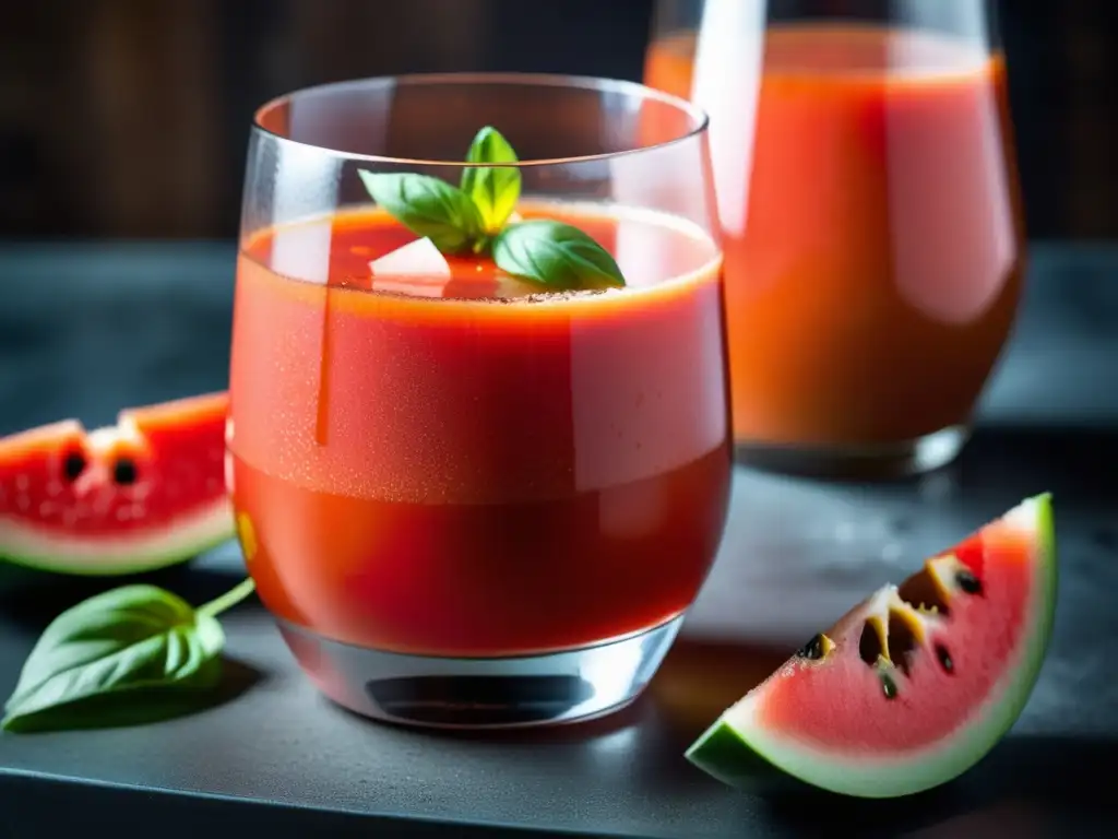 Gazpacho de sandía y cerveza ácida Vaso helado con gazpacho de sandía roja y Sour Ale, decorado con albahaca fresca y cubitos de sandía
