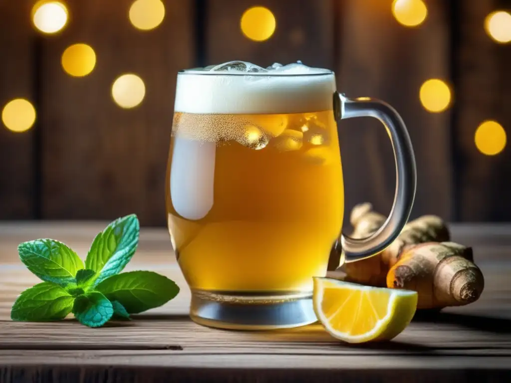 Refrescante ginger beer con menta fresca en una mesa de madera Cerveza de jengibre y cocina asiática: refrescante imagen de vaso dorado con espuma y hojas de menta, sobre mesa de madera rústica