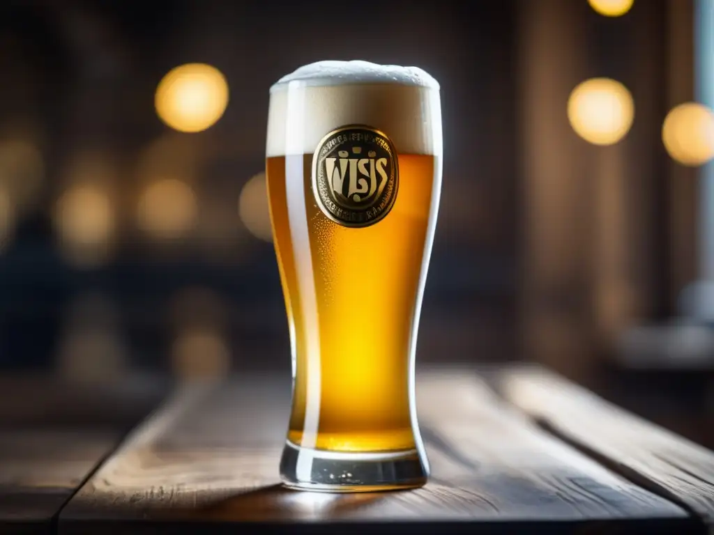 Cerveza Weissbier recién servida en mesa de madera Cerveza Weissbier: imagen detallada de una cerveza dorada y carbonatada con espuma cremosa en una mesa de madera