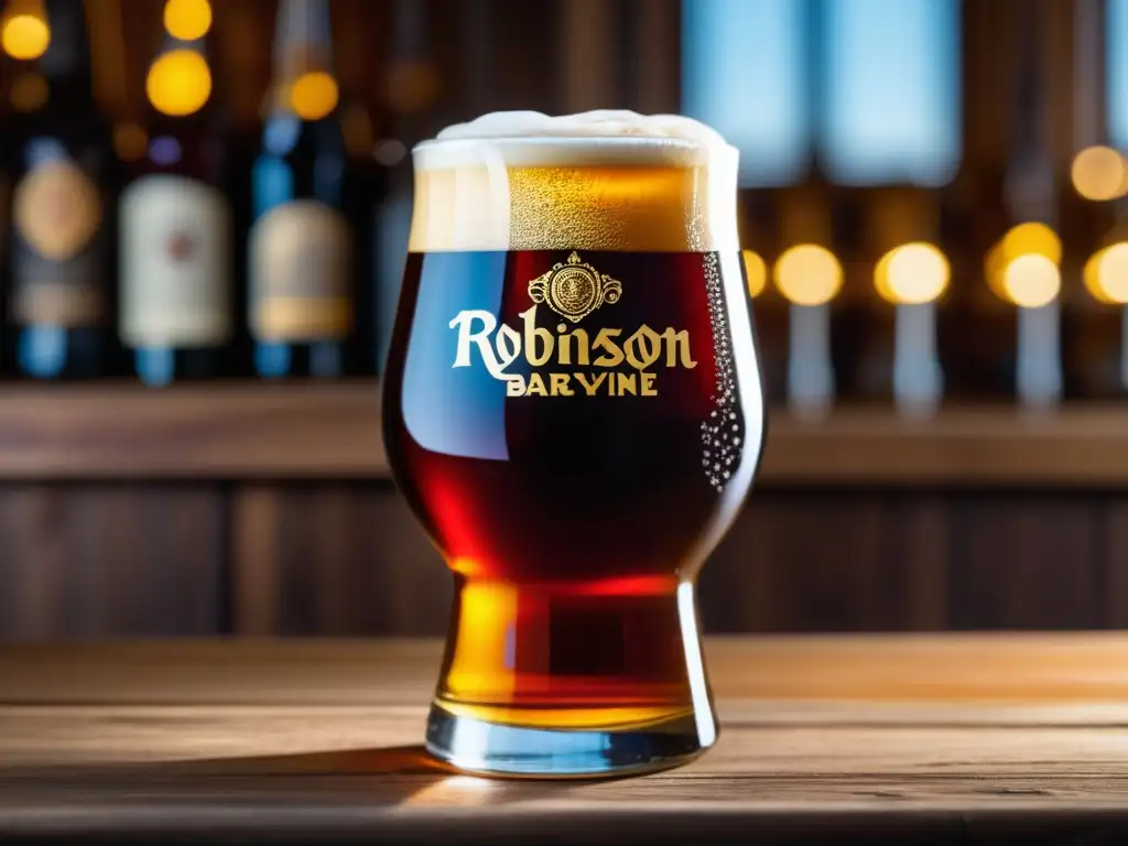 Detalle exquisito de cerveza Robinson's Old Tom en vaso de vidrio Detallada imagen de una cerveza barleywine Robinson's Old Tom en vaso adornado con engravings, burbujas y espuma cremosa