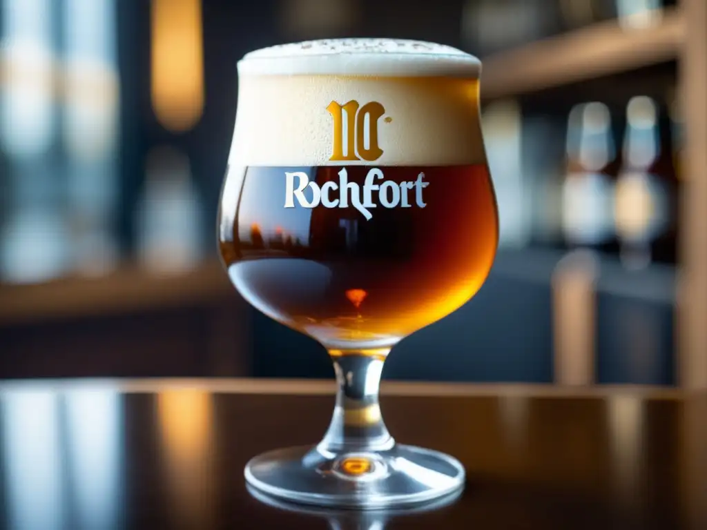 Cerveza Rochefort 10: Rico y tentador Cerveza Rochefort 10 Quadrupel con aspecto rico y tentador, espuma cremosa, burbujas elegantes, textura suave y lujosa