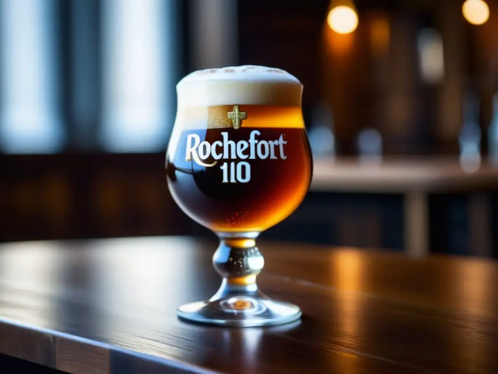 Cerveza Rochefort 10: Elegancia y sabor Cerveza Rochefort 10 Quadrupel, vidrio detallado con espuma cremosa y color ámbar