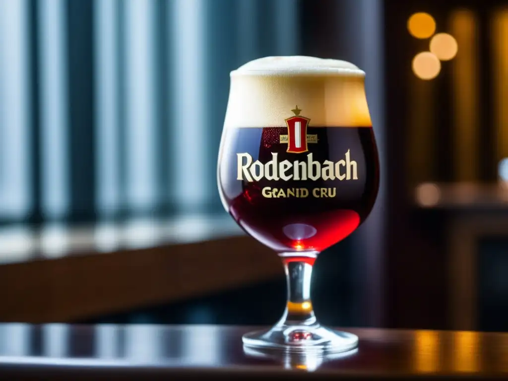 Delicioso Rodenbach Grand Cru en copa Cerveza Rodenbach Grand Cru, color rubí intenso con espuma cremosa
