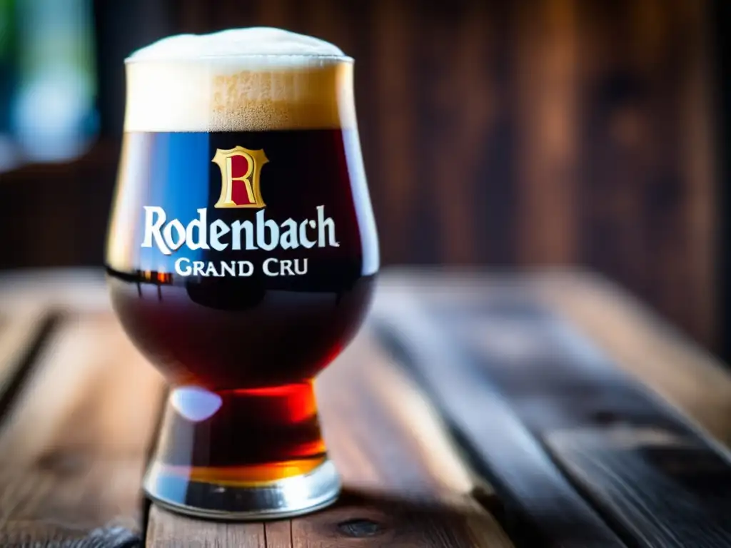 Cerveza Rodenbach Grand Cru, una Flanders Red Ale en mesa rústica Cerveza Rodenbach Grand Cru, una Flanders Red Ale, en mesa de madera rústica